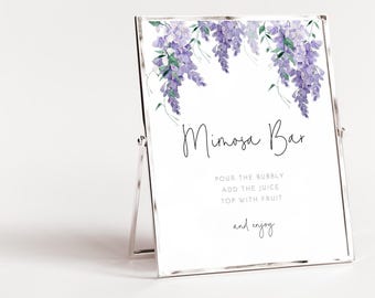 紫色の藤のミモザのバー看板、編集可能なテンプレート、ラベンダーの花柄のウェディング バブリー バー看板、ライラックのブライダル シャワーの印刷可能な装飾 AACC