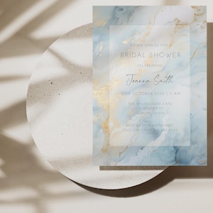 Dusty Blue Bridal Shower Invitation Editable Template, Something Blue and Gold Bridal Tea Invite, Marble Pattern Party Decor AAJZ