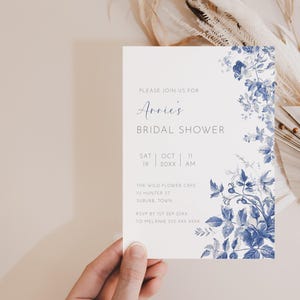 French Blue Floral Bridal Shower Invitation, Editable Template, Something Blue Toile De Jouy Bridal Tea Invite Chinoiserie Wedding Card AAAH