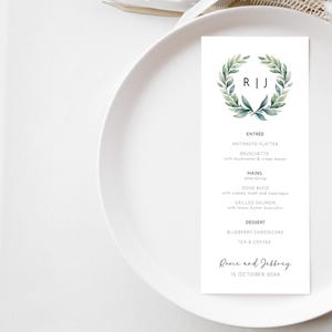 Eucalyptus Greenery Wedding Menu with Monogram Crest, Sage Green Leaves Editable Dinner Menu Template, Printable Slim Party Menu Card