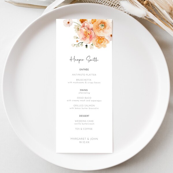 Dinner Menu with Name Card Template, Boho Wedding Place Card, Personalized Custom Menu with Peach Florals, Reception Food Card Place Setting