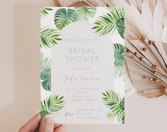Tropical Bridal Shower Invitation Template, Hens Party, Bachelorette Invite, Bridal tea, Destination Wedding, Monstera Palm, Editable AAJA6