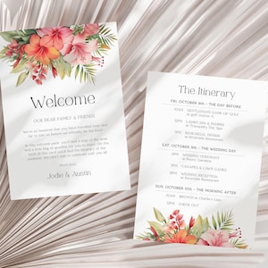 Plantilla editable de itinerario para boda tropical, carta de bienvenida, cronograma y orden de eventos, cronograma para boda de destino, agenda para boda en la playa