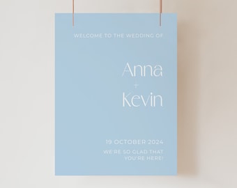 Dusty Blue Wedding Welcome Sign, Editable Template Something Blue Ceremony Poster, Large Welcome to Our Wedding, Modern, Light Pastel AAAK18