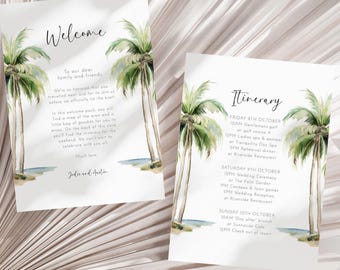Palm Tree Wedding Itinerary Template, Tropical Program Weekend Events, Destination Beach Wedding Welcome Letter & Timeline Card AABR