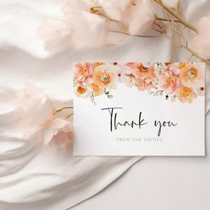 Cartões de agradecimento florais boho, flores de coral e pêssego, modelo de cartão de casamento personalizado editável, bilhete de chá de bebê, papelaria personalizada AAMJ