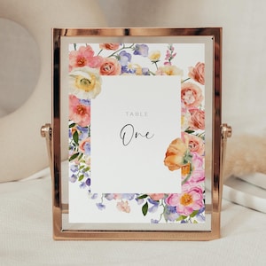 Colorful Floral Table Number Card, Editable Sign Template, Printable Spring Wedding Decor, Watercolor Flowers Dinner Reception Signage AAVG