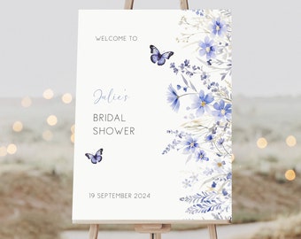 Lifetime of Butterflies Bridal Shower Welcome Sign Template, Butterfly Theme, Blue Wildflower Florals, Hens Tea Brunch Large Poster AAJC7