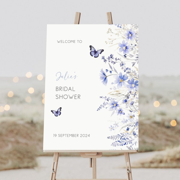 Lifetime of Butterflies Bridal Shower Welcome Sign Template, Butterfly Theme, Blue Wildflower Florals, Hens Tea Brunch Large Poster AAJC7