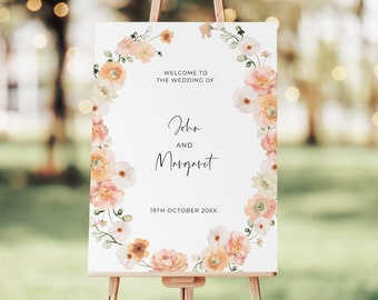 Boho Floral Wedding Welcome Sign Template, Blush Pink Orange Spring Summer Garden Flowers, Large Entry Sign, Ceremony Poster AAMJ18