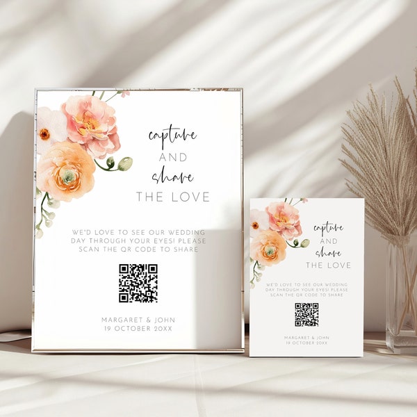 Capture the Love QR Code Sign Template, Peach Floral Share The Love Wedding Sign, Guest Photo Sharing Social Media Signage, Coral Flowers