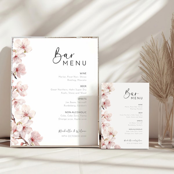 Wedding Bar Menu Sign. Editable Template, Printable Open Bar Menu, Drinks Sign, Pink Cherry Blossom Flowers, Sakura Floral Let's Drink Sign