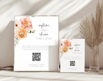 Capture the Love QR Code Sign Template, Peach Floral Share The Love Wedding Sign, Guest Photo Sharing Social Media Signage, Coral Flowers