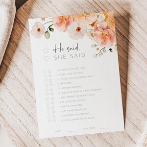 He Said She Said Game Editable Template, Boho Floral Bridal Shower Game, Printable Guess Who Said It, Peach Wedding Shower Fun Ideas AAMJ