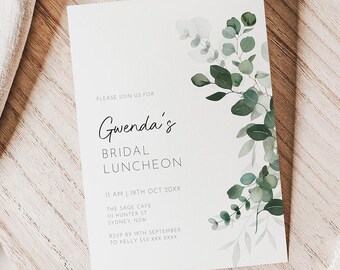 Eucalyptus Invitation for Bridal Shower Luncheon, Sage Green Bridal Shower Invitation Editable Template, Bachelorette Brunch Invite AAGA