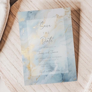 Modelo editável para salvar a data do casamento em azul-poeira e dourado, cartão de anúncio de casamento em azul, data do casamento para impressão AAJZ