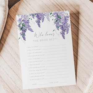Who Knows the Bride Best Game Printable Template, Purple Wisteria Bridal Shower Fun, Editable Lavender Floral Wedding Shower Activity AACC