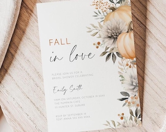 Fall in Love Bridal Shower Invitation, Editable Autumn Template, Boho Floral Bridal Brunch Invite with Pumpkins AAES