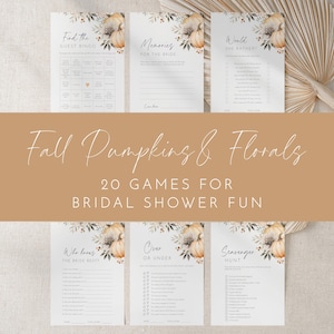 Pode incluir: Um conjunto de jogos para chá de panela com tema de outono. Os jogos incluem "Find the Guest Bingo", "Memories for the Bride" e "Would She Rather?". Cada cartão apresenta um design de abóbora e floral. O texto "Fall Pumpkins & Florals" é exibido.