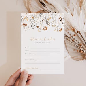 Boho wilde bloemen bruids douche advieskaarten, DIY afdrukbare sjabloon, herfstkleuren wensen voor de bruid, verbrand oranje bloemen bruids advies