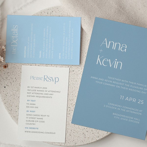 Minimalist Blue Wedding Invitation Suite Template Minimal Dusty French Baby Slate  Modern 3 Piece Invite Bundle Details Card RSVP AAAK13