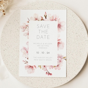 Kirschblüte Save the Date Vorlage, Blumen Sakura Hochzeitskarte, Liebe in Blüte, rosa Aquarell japanische Blumen, Frühling bearbeitbar AAMW3