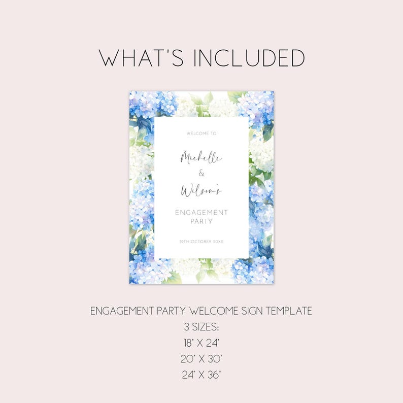 Engagement Party Welcome Sign, Blue & White Hydrangea Flowers, Editable Template, Blue Floral Couples Shower Sign, Pre-Wedding Party Poster image 2