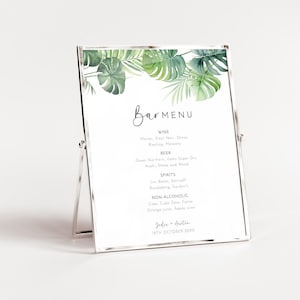 Letrero de menú de barra de boda tropical, plantilla editable, letrero de barra imprimible con hojas de palmera y vegetación monstera, letrero de mesa de menú Let's Drink AAJA