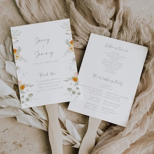 May include: Wedding ceremony program fans with floral designs. The front features the couple's names, "Jerry & Jimmy", and the date "19th October 20XX". The back includes the order of service and the wedding party.