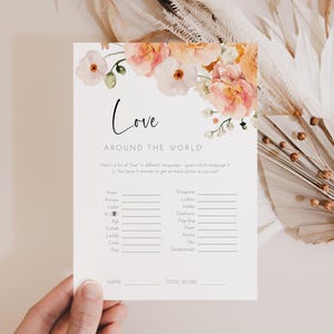Modèle modifiable de jeu de douche nuptiale Love Around the World, carte de douche de mariage imprimable floral bohème, activité EVJF amusante AAMJ