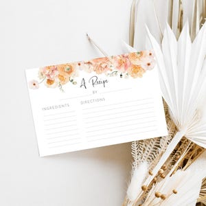 Boho perzik bloemen bruids douche recept kaartsjabloon, bruidsbrunch activiteit koraal bloemen, afdrukbare bruiloft douche BYO recept invoegen AAMJ