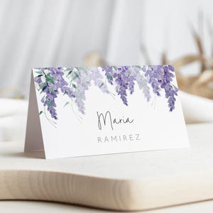 Paarse blauweregen plaats kaartsjabloon bruiloft, lavendel bloemen bruids douche naamkaartje, bewerkbare placecard lentebloemen, tag AACC zitplaatsen