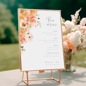 Letrero de bar para boda estilo bohemio, plantilla editable, letrero de mesa "Vamos a beber", letrero floral imprimible, flores en colores melocotón y coral (AAMJ)