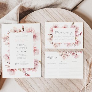 Set di inviti per la festa nuziale con fiori rosa Sakura, invito modificabile per il brunch nuziale con scheda ricetta, modello per la festa nuziale con fiori di ciliegio AAMW