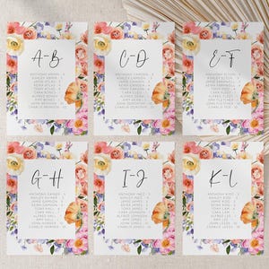 Colorate carte floreali per matrimonio in ordine alfabetico, modello modificabile, trova il tuo posto in base all'alfabeto, assegnazione dei tavoli dalla A alla Z AAVG