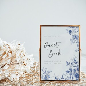 Dusty Blue Wedding Guest Book Sign, Editable Template, Toile De Jouy Sign Our Guestbook Signage, Chinoiserie Pattern Reception Decor AAAH