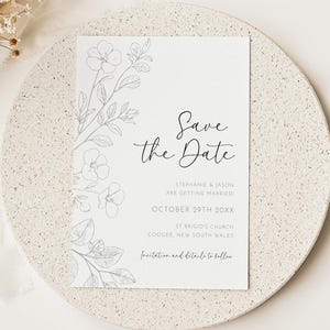 Handgezeichnete Blumen Save the Date Karte, bearbeitbare Vorlage, druckbare Hochzeitskarte, minimalistische elegante Save Our Date AASJ
