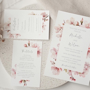 Conjunto de invitaciones de boda con flores de cerezo rosa, plantilla editable, paquete de tarjetas de respuesta e información imprimibles, juego de invitaciones con flores de cerezo AAMW