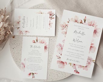 Rosa Kirschblüten-Hochzeitseinladungspaket, bearbeitbare Vorlage, druckbares Antwortkartenpaket, Sakura Floral Invite Set AAMW