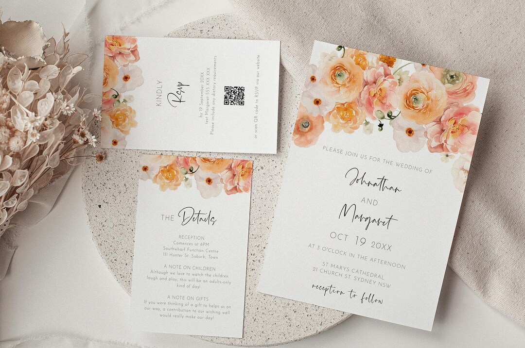 Peach Floral Wedding Invitation Suite Editable Template, Minimalist Boho Invite Set, QR Code RSVP & Details Card, Invitation Bundle AAMJ - Etsy Japan