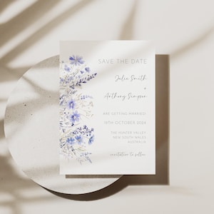 Boho Wildflower Save The Date Card, modello modificabile fai da te, avviso Save Our Date stampabile, annuncio di matrimonio floreale blu polvere AAJC