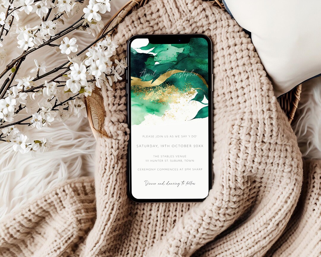 Editable Mobile Phone Wedding Invitation Emerald Green and Gold ...