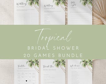 Lot de 20 jeux de douche nuptiale tropicale, modèles modifiables de douche de mariage d'été, imprimables jeux EVJF palmiers AABR