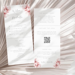 Fait amusant, modèle modifiable de carte de mariage, note de serviette de menu floral rose, code QR pour capturer l'amour, partage de photos de mariage et carte de remerciement AAMW