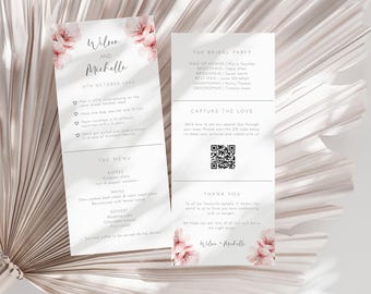 Fun Fact Wedding Card Editable Template, Pink Floral Menu Napkin Note, Capture the Love QR Code, Wedding Photo Share & Thank you Card AAMW