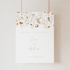 Placa de boas-vindas para casamento com flores silvestres de outono, modelo editável, pôster de boas-vindas floral boho laranja queimado, sinalização para cerimônia de flores silvestres de outono AAEN