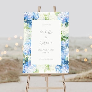 Verlobungsfeier Willkommensschild, blaue & weiße Hortensienblüten, bearbeitbare Vorlage, blaue Blumenpaare Duschschild, Pre-Wedding Party Poster
