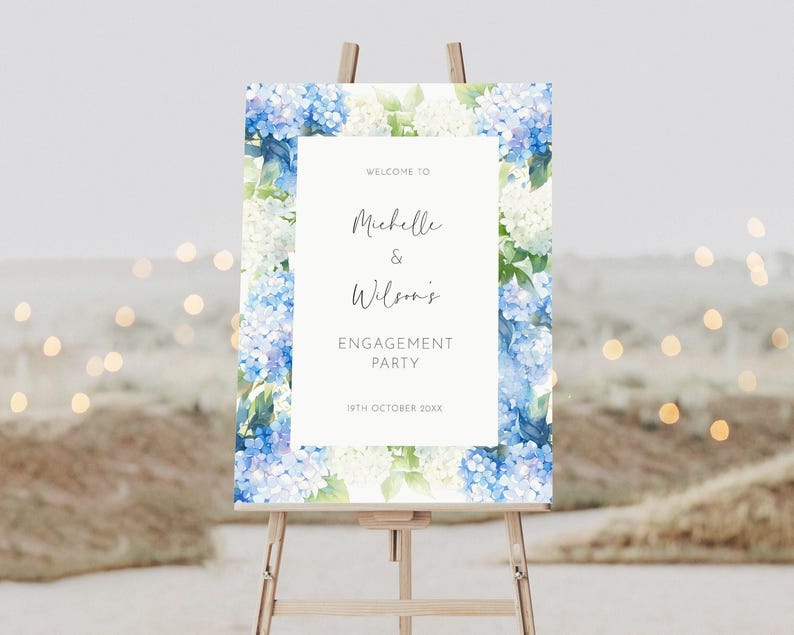 Engagement Party Welcome Sign, Blue & White Hydrangea Flowers, Editable Template, Blue Floral Couples Shower Sign, Pre-Wedding Party Poster image 3