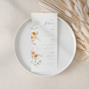 Cartão de menu de casamento de flores silvestres, modelo editável, menu de jantar floral fino e delicado, decoração de mesa de chá de panela Boho com flores silvestres para impressão AAJJ