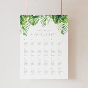 Teken tropische bruiloft zitplaatsen op alfabetische volgorde, DIY bewerkbare sjabloon, monstera en palmbladeren plattegrond, stoeltoewijzing AAJA